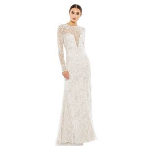 NWT Mac Duggal Long Sleeve Floral Embellished White Gown 16